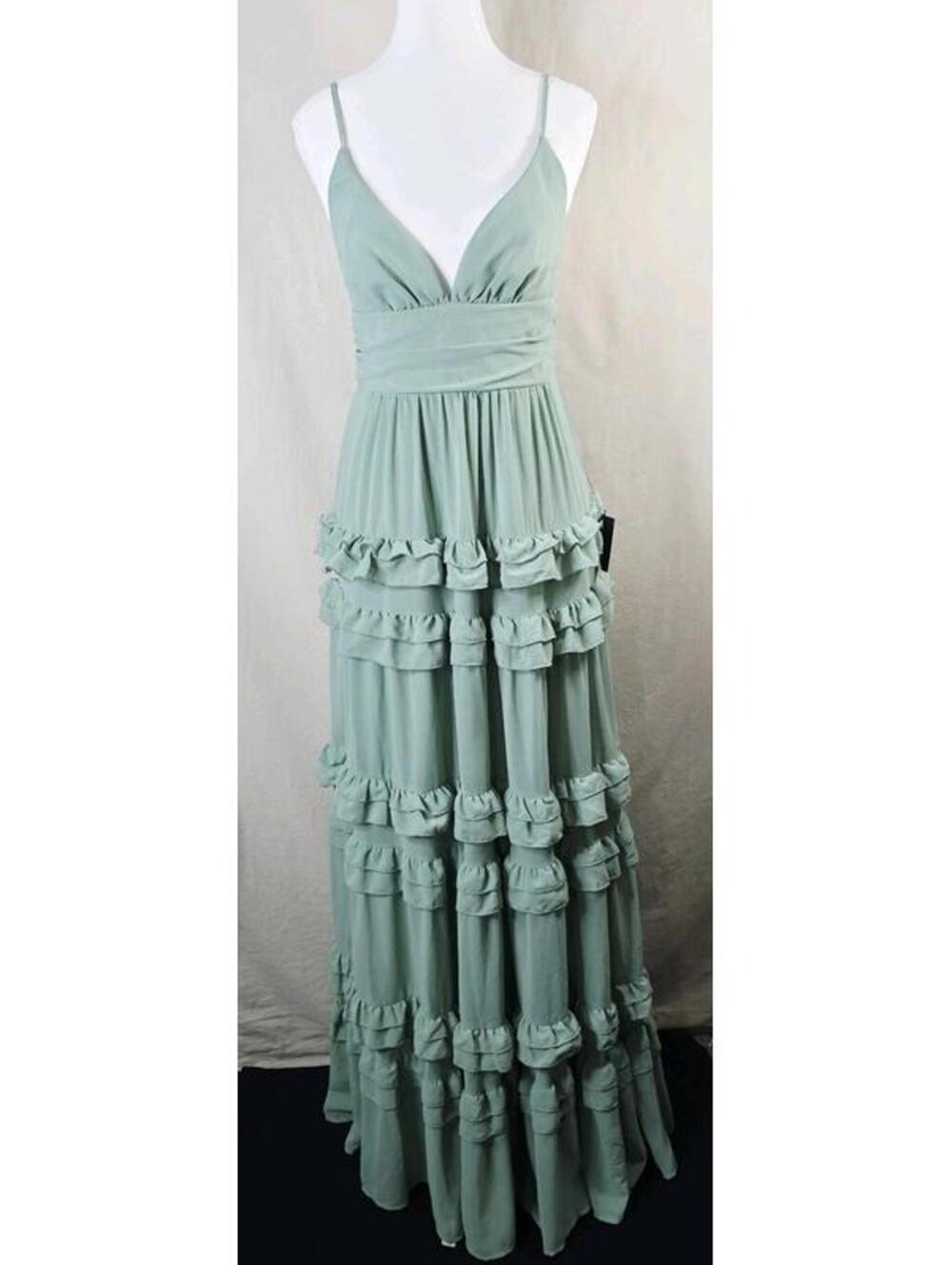 Lulus Lavish Perfection Sage Green Ruffled Tiered Maxi Dress Women’s M New